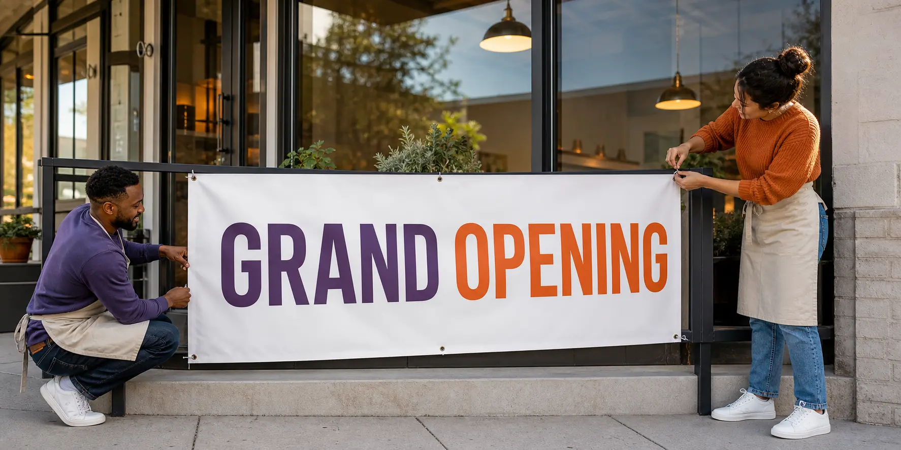 Small business owners installing a Grand Opening vinyl banner outside their storefront