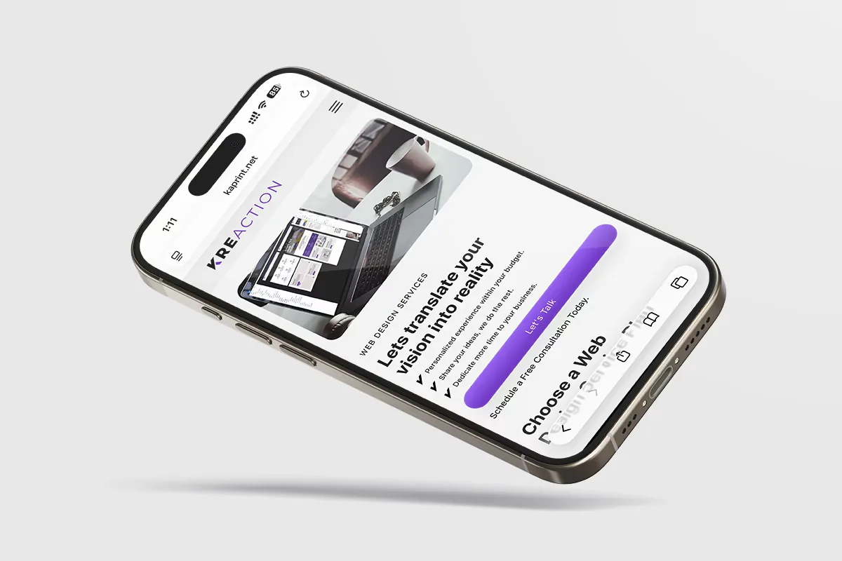 A modern Kreaction website displayed on a smartphone